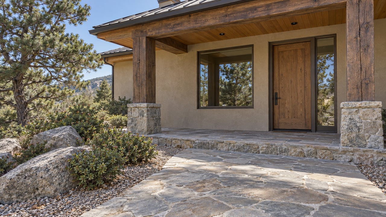 Stone approach leading to a covered entry with timber posts, granite bases, sand-colored stucco and pinyon pine.