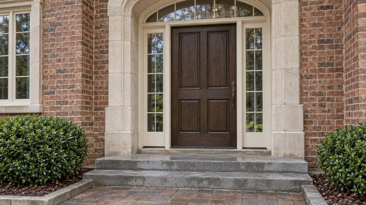 A red-brick home entrance with an arched limestone surround, dark oak door, paired sidelights, and broad stone steps.