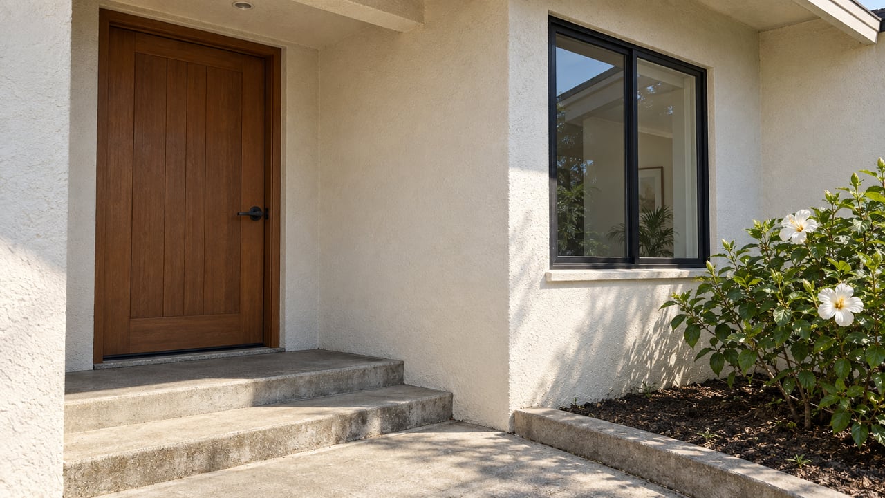 Stucco home entry with a timber door, black-framed window, concrete steps, and white hibiscus flowers.