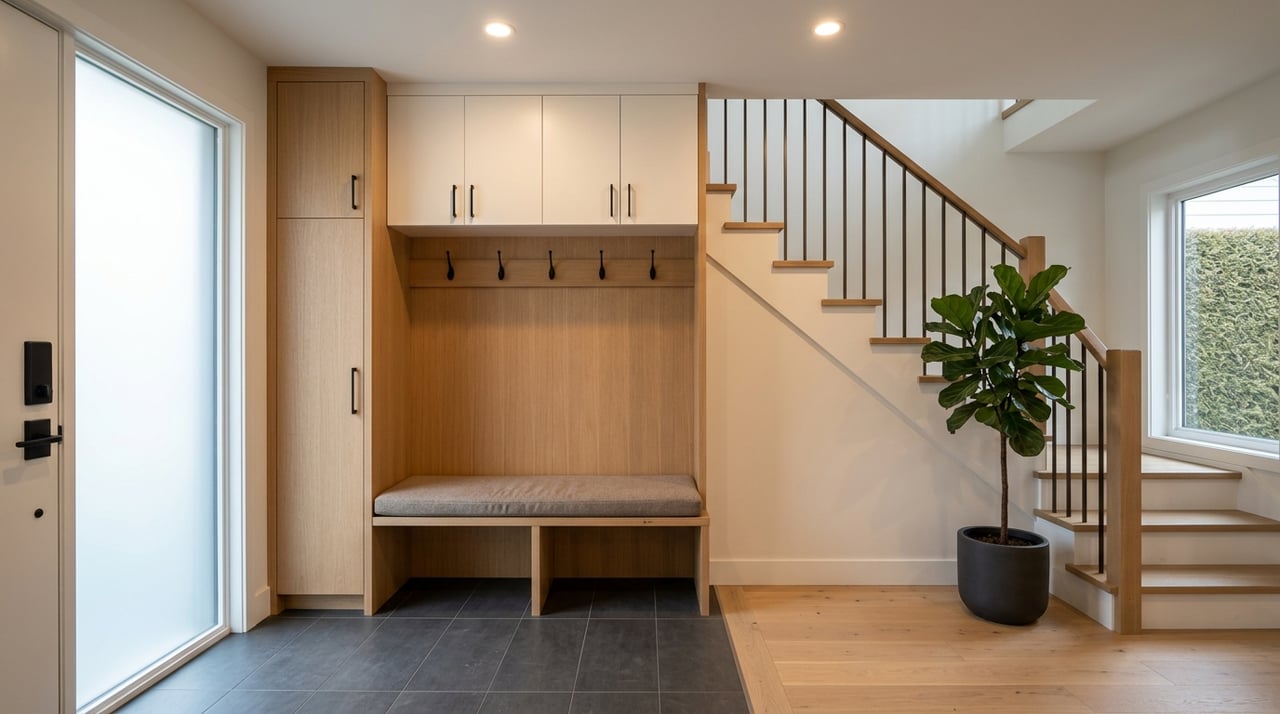 Mudroom entry with built-in storage beside a staircase.