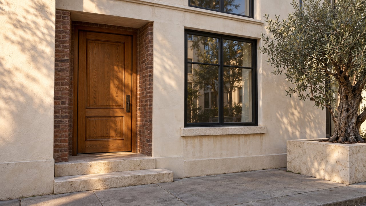 Oak entry door in a red-brown brick recess, with limestone steps and an olive tree beside an off-white facade.