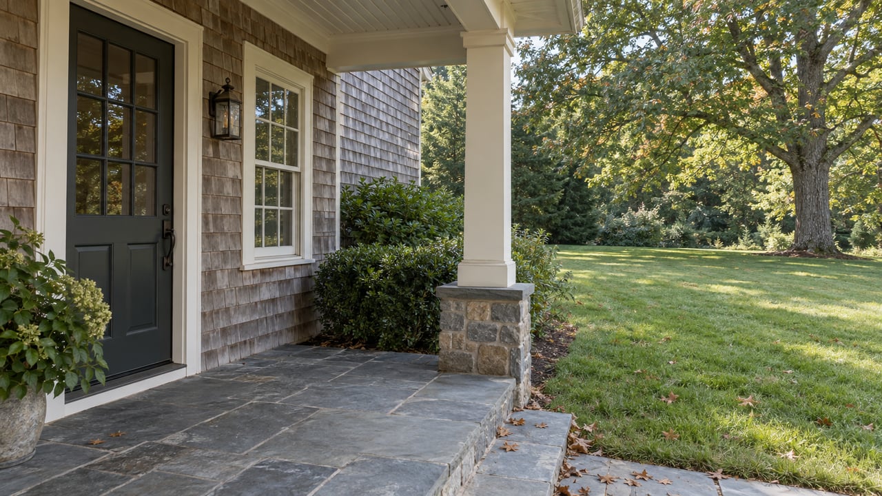 Cedar-shingled house porch with a closed door, bluestone step, and mature oak across the lawn.