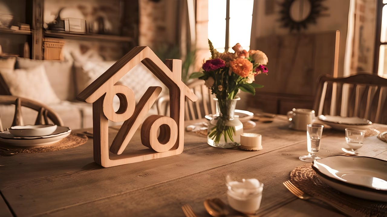 A wooden percentage symbol shaped like a house rests on a dining table, surrounded by plates, cutlery, and a vase of flowers in the warmly lit room—reminiscent of the inviting charm found in homes showcased by top real estate agents.