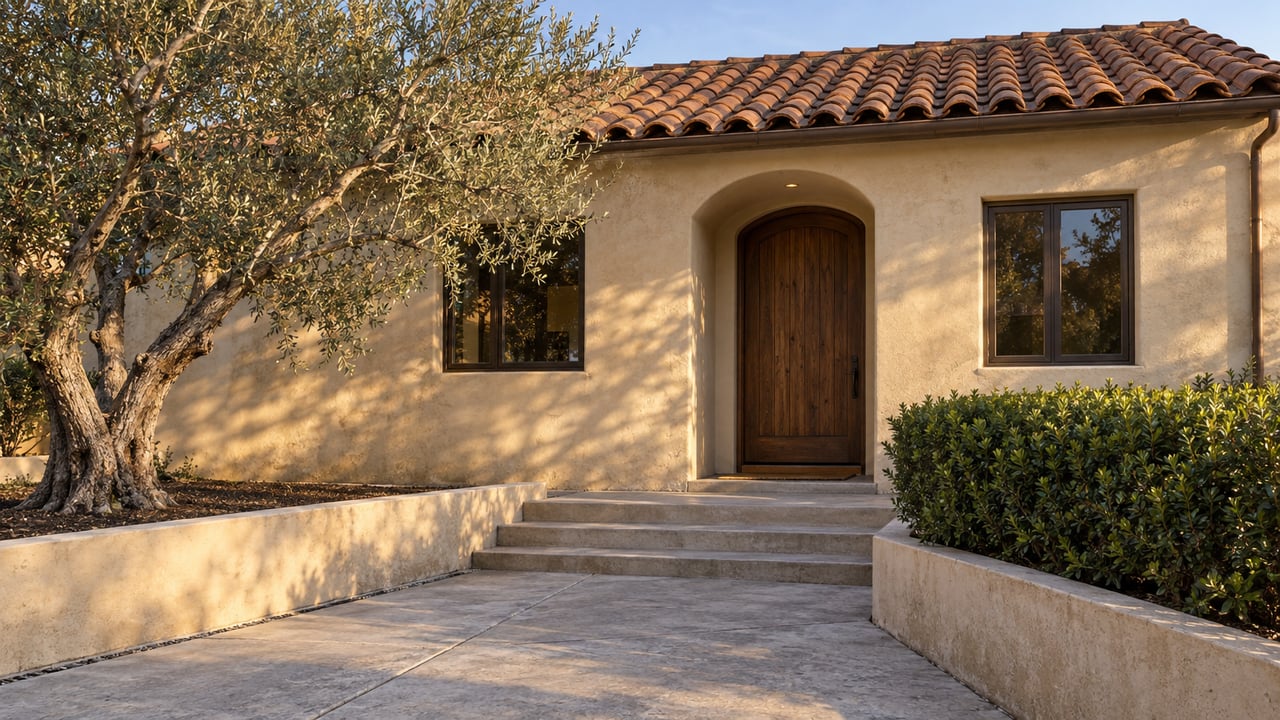 Warm evening light on a beige stucco home with a terracotta roof, arched walnut entry, concrete steps and an olive tree.