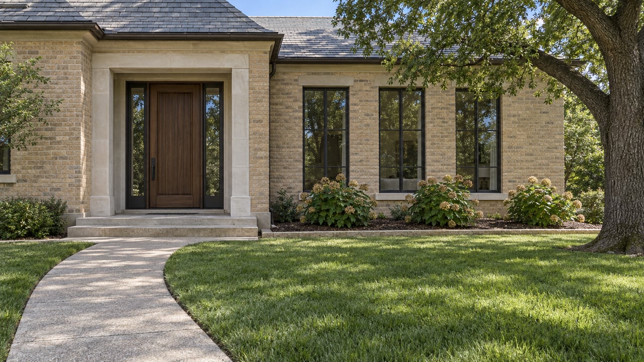 Buff-brick home with a walnut entry, tall glazed windows, deep lawn, and mature oak in clear daylight.