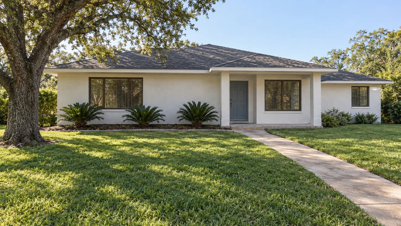 An updated pale stucco home behind a deep green lawn, with a shaded entry and a mature spreading oak.