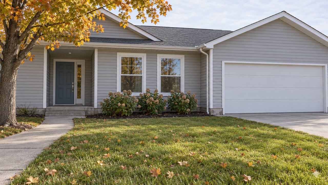 Light-gray single-story house with a blue recessed front door, attached garage, broad lawn and an amber-leaved maple.