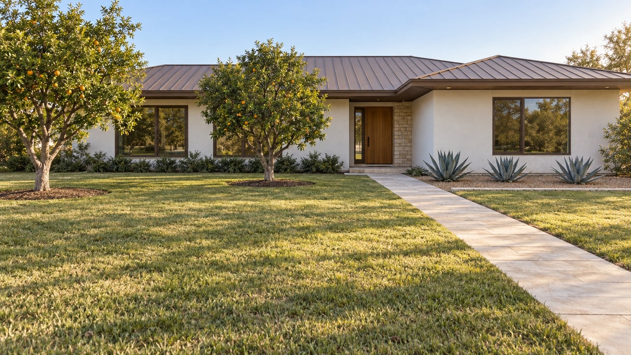Warm-white single-story home beyond a deep lawn with two mature citrus trees, bronze-framed windows and a limestone entry in late-afternoon light.
