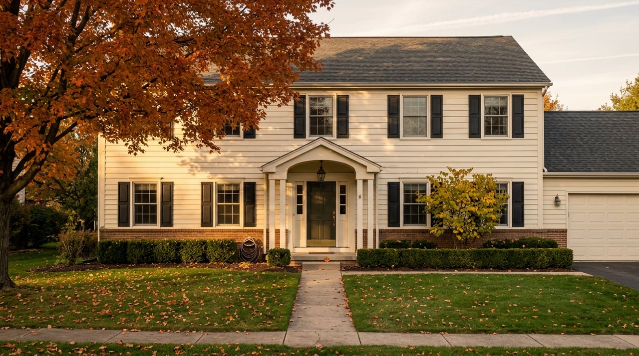 Two-story colonial with black shutters and a columned porch, framed by an autumn maple and broad lawn.