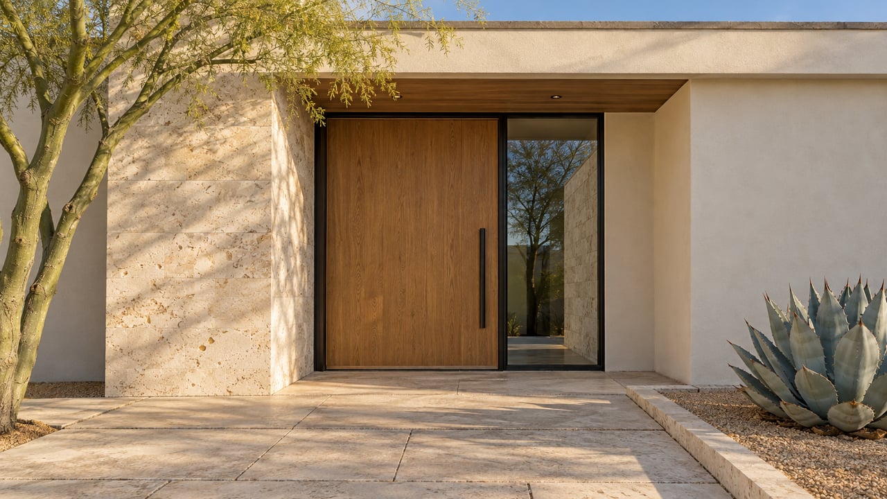 Warm afternoon light across a limestone and ivory stucco home entrance with an oak door, steel-framed sidelight, blue-green agave and green-trunked tree.