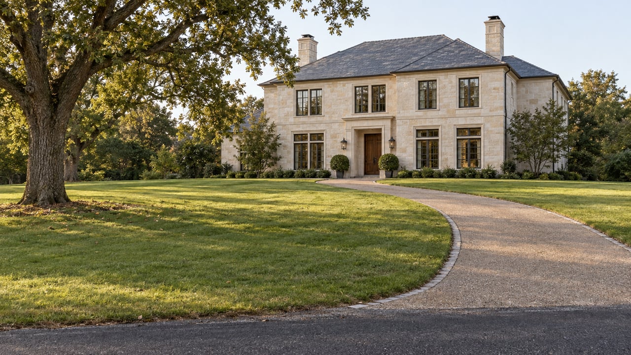 Pale limestone house beyond a broad lawn, with a curving driveway and mature oak at left.