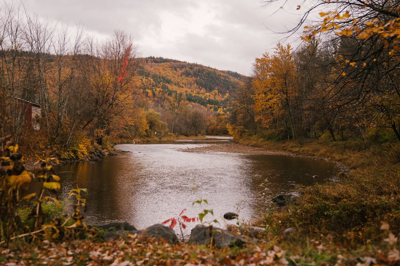 River winding through an autumn woodland, with colorful hills in the background.