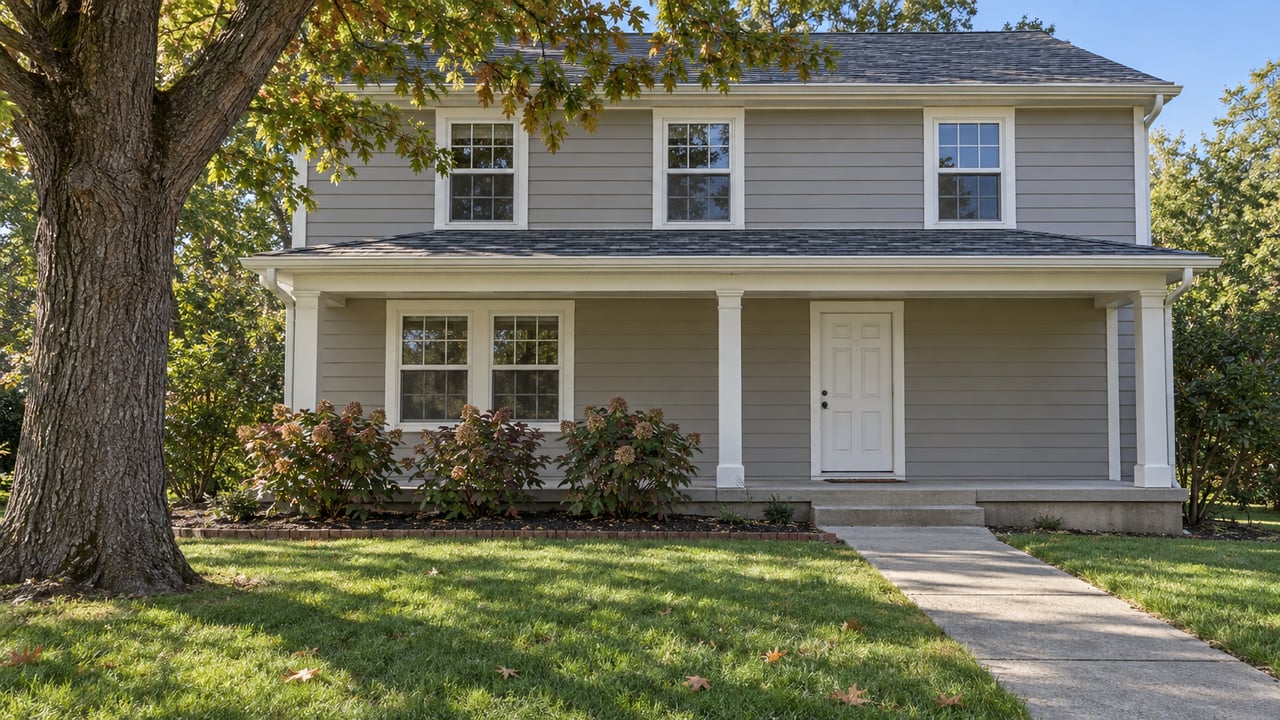 Two-story gray-sided home beyond a broad lawn, with a white oak, concrete front walk and covered entry.