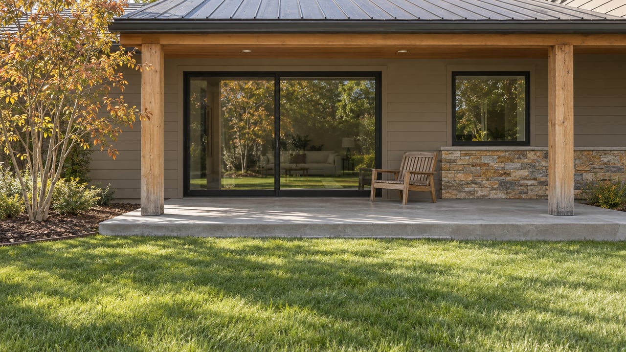 Warm earth-tone ranch home with a covered concrete patio, black-framed glass doors, stone accents, and a deep green lawn.