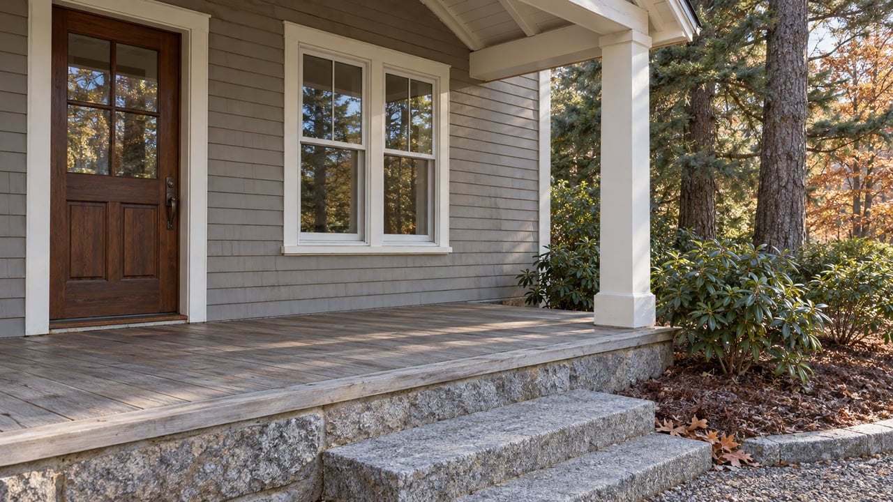Late-autumn light across a gray clapboard home's sheltered entry porch, granite steps and wooded planting bed.