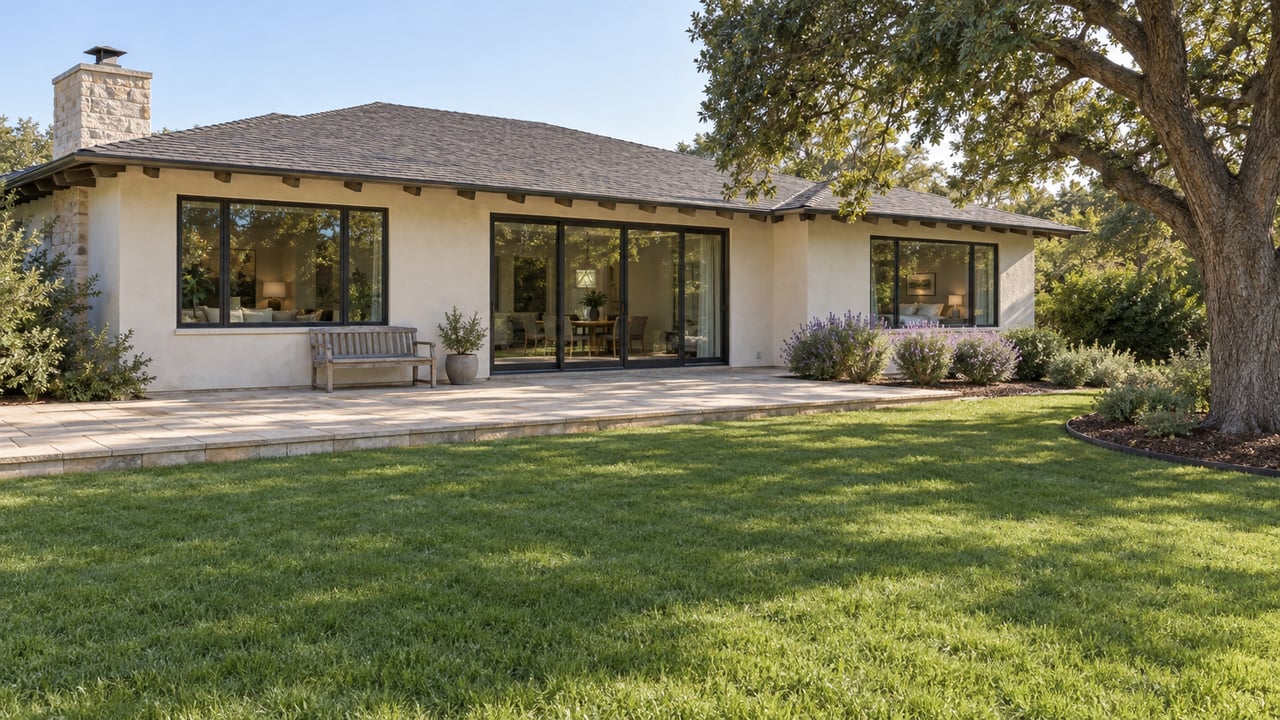 Updated stucco home with a broad rear lawn, raised paver terrace, and mature oak tree.