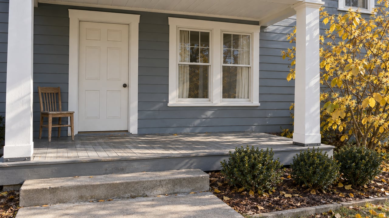 Blue-gray clapboard cottage porch with white trim, worn gray decking, an oak chair and yellow autumn witch hazel beside the steps.