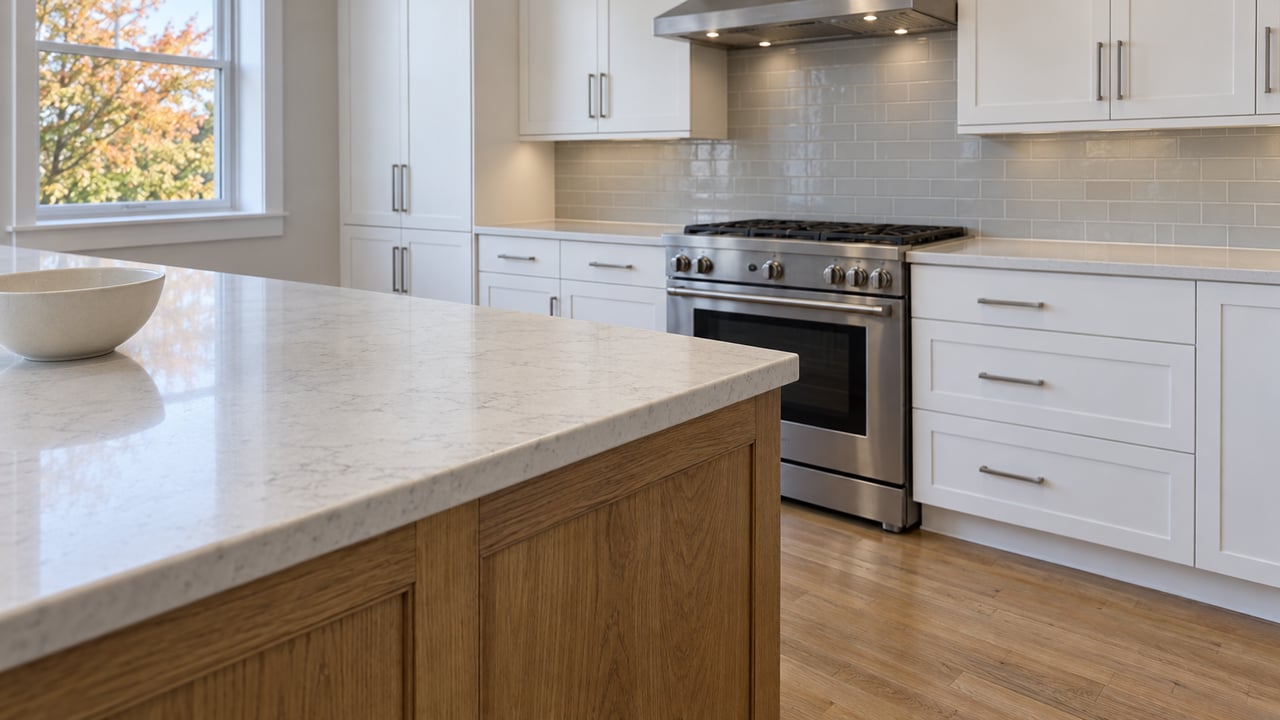 Close view across a gray-veined quartz kitchen island toward white cabinets and a stainless range, with warm oak details and autumn maple leaves outside a closed window.