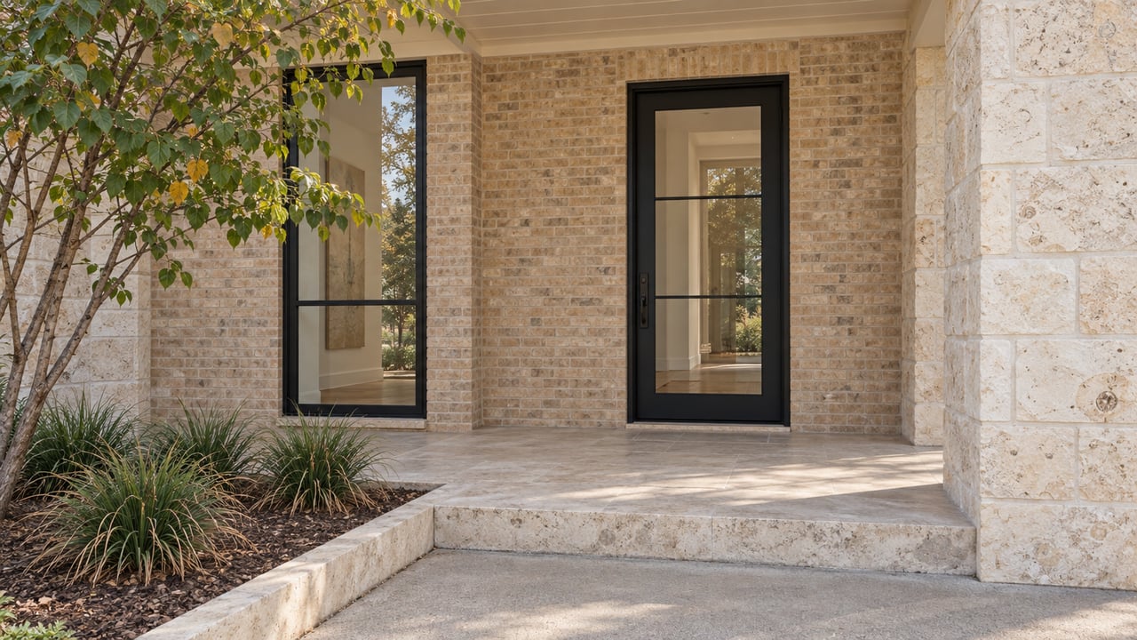 A covered entry with warm brick, pale limestone, black-framed glazing and a broad stone step beside a redbud and sedges.