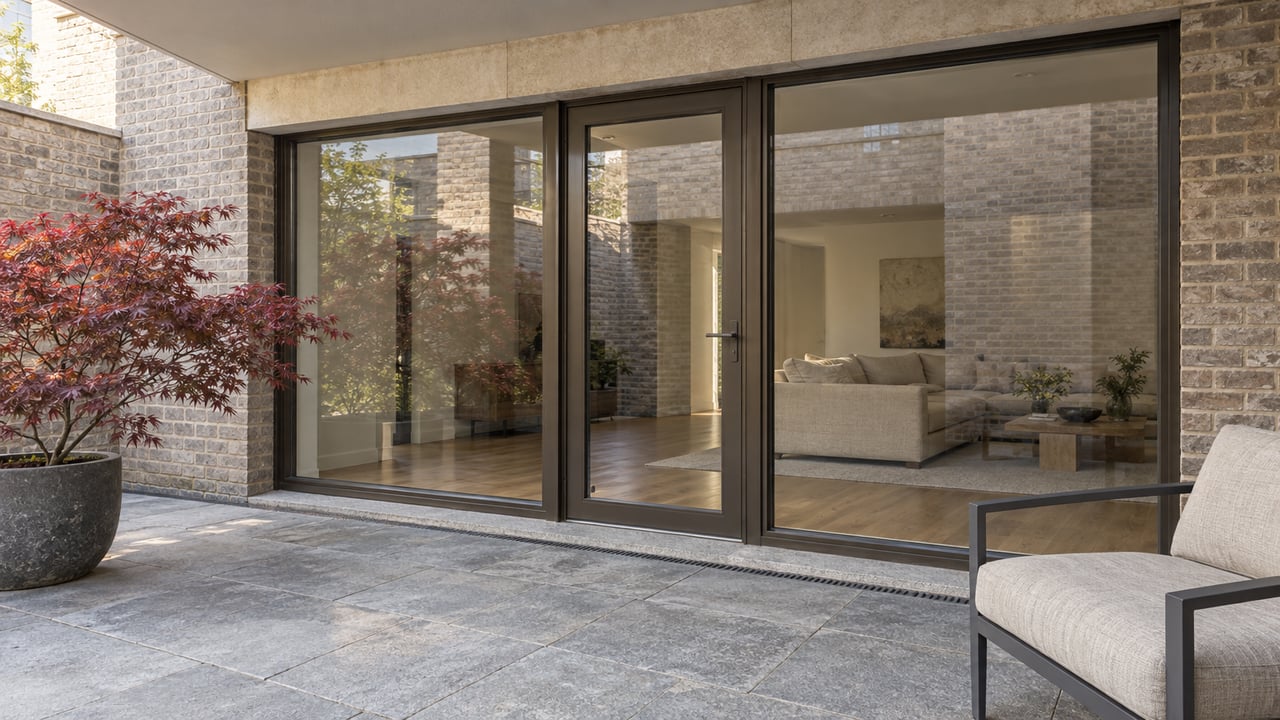 Sheltered brick condominium terrace with bronze-framed glass doors, gray stone paving and a potted red-leaf Japanese maple.