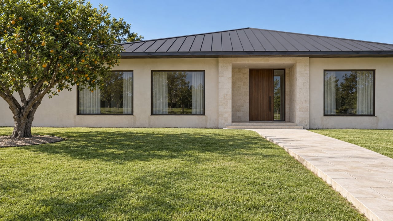 Low stucco home with a charcoal metal roof, walnut entry door, broad front lawn and one mature orange tree in clear morning light.