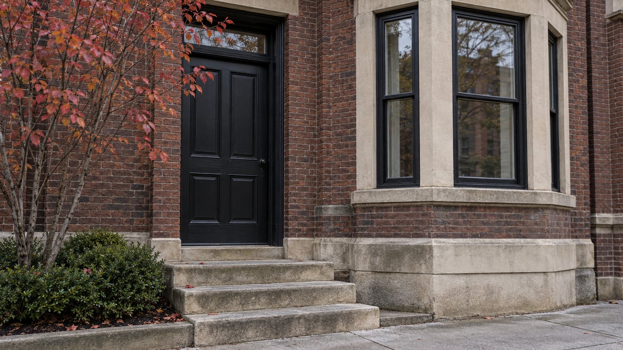 Compact brick walk-up with a limestone-trimmed bay window, recessed black door, and worn stone steps.
