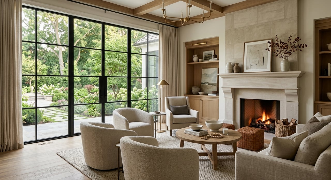 Modern luxury living room in Norwood, NJ, featuring floor-to-ceiling black steel windows, a stone fireplace, and neutral contemporary furniture