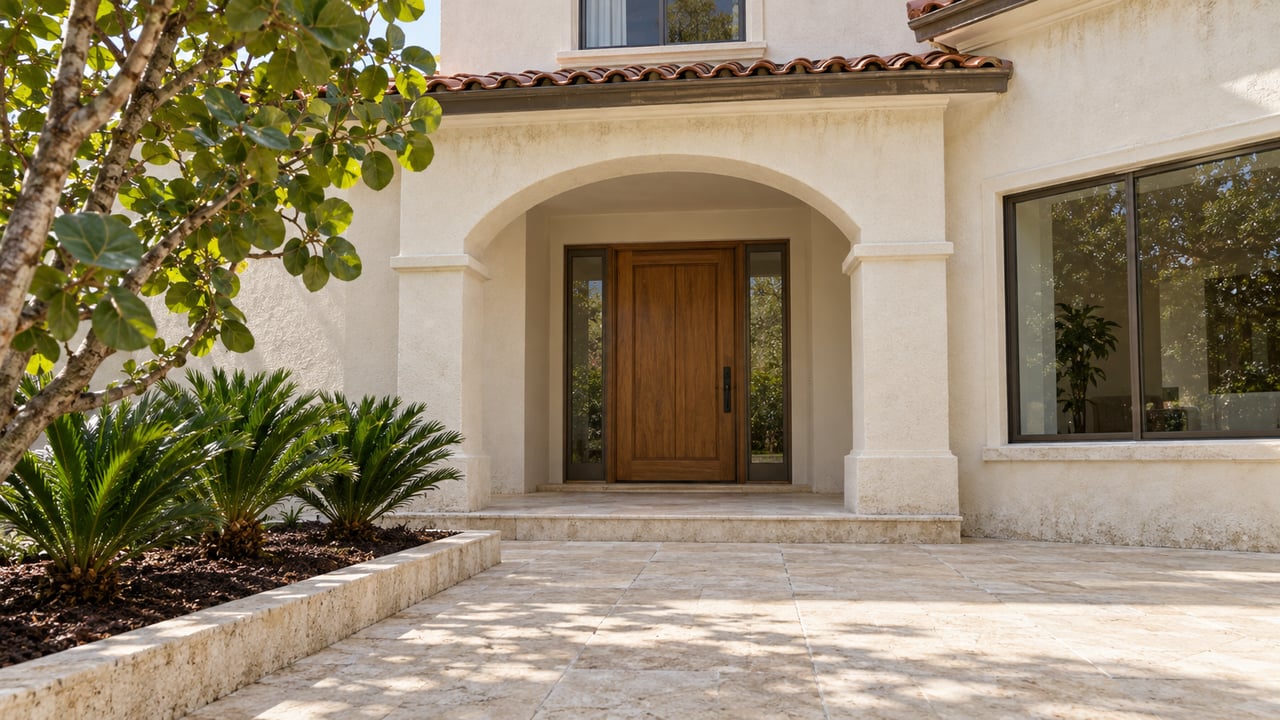 Cream stucco home with a terracotta roof, arched covered entry, oak door, and limestone walk beside sea grape and coontie planting.