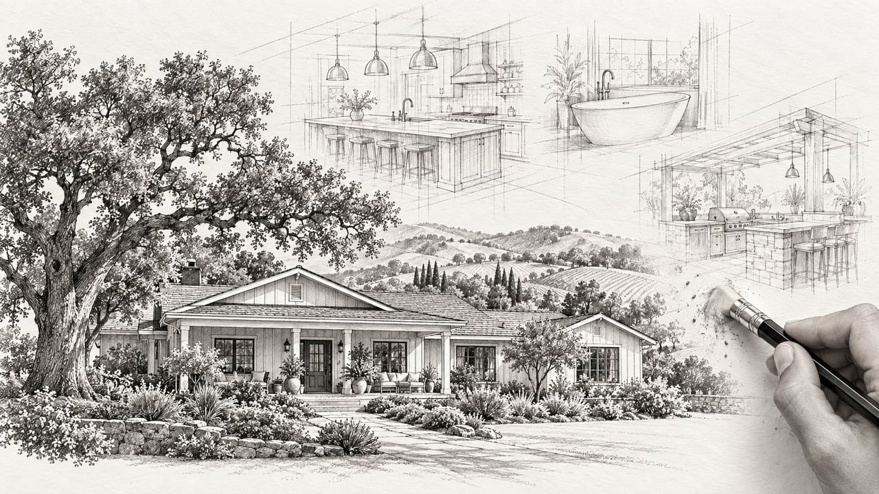 Architectural sketch of a single-story home with kitchen, bathroom, and outdoor kitchen designs.