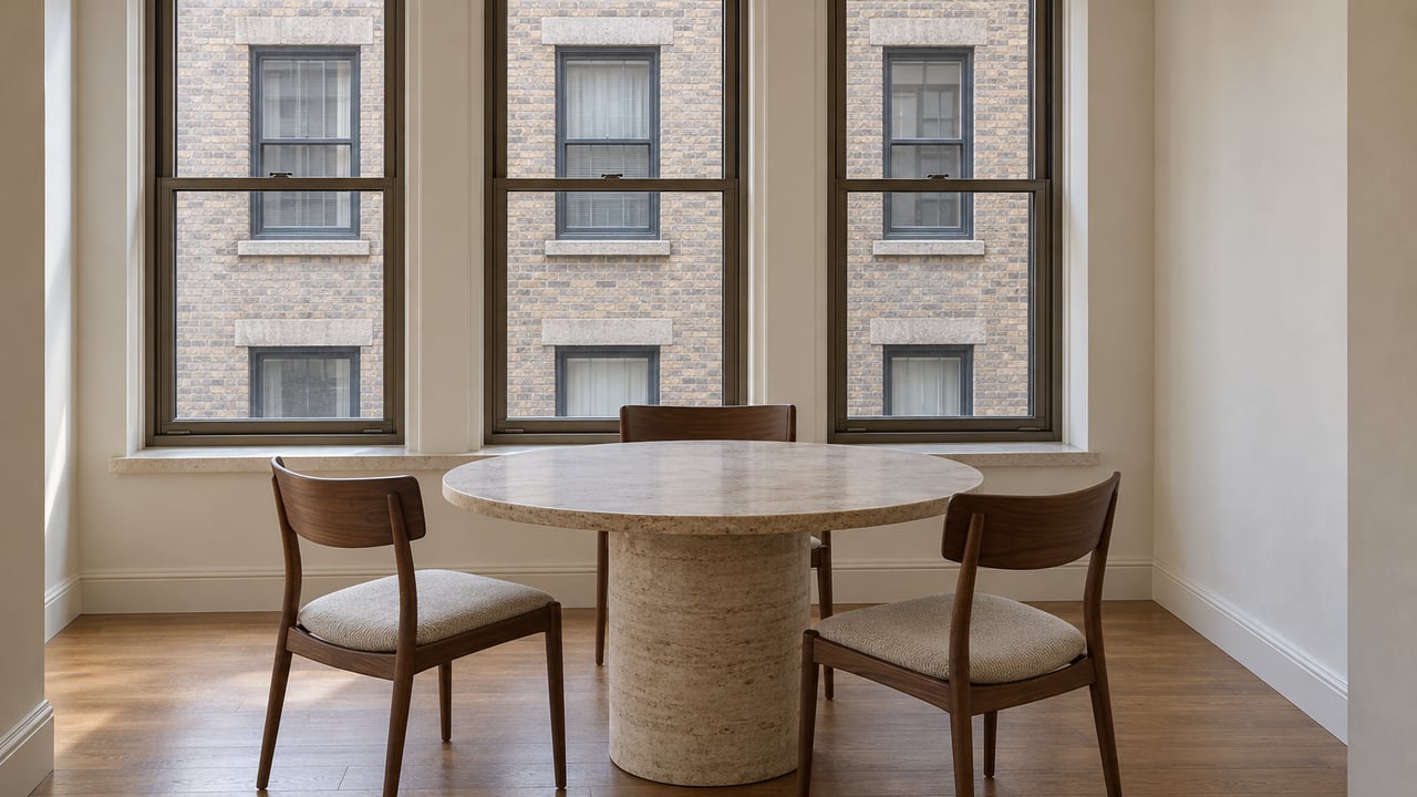An oak-floored dining alcove with a travertine table, three walnut chairs and tall bronze-framed windows facing a buff-brick residential facade.
