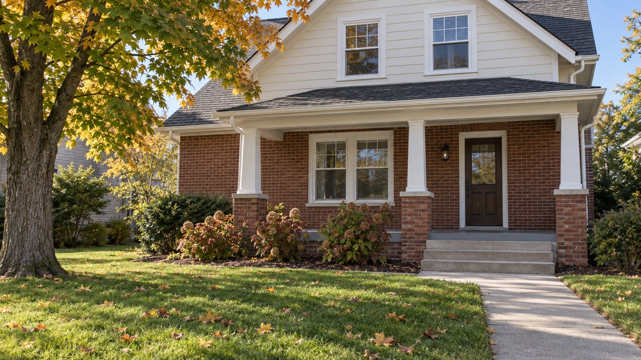 A brick and cream-sided home with a covered porch, front lawn and amber-tipped maple in clear autumn daylight.
