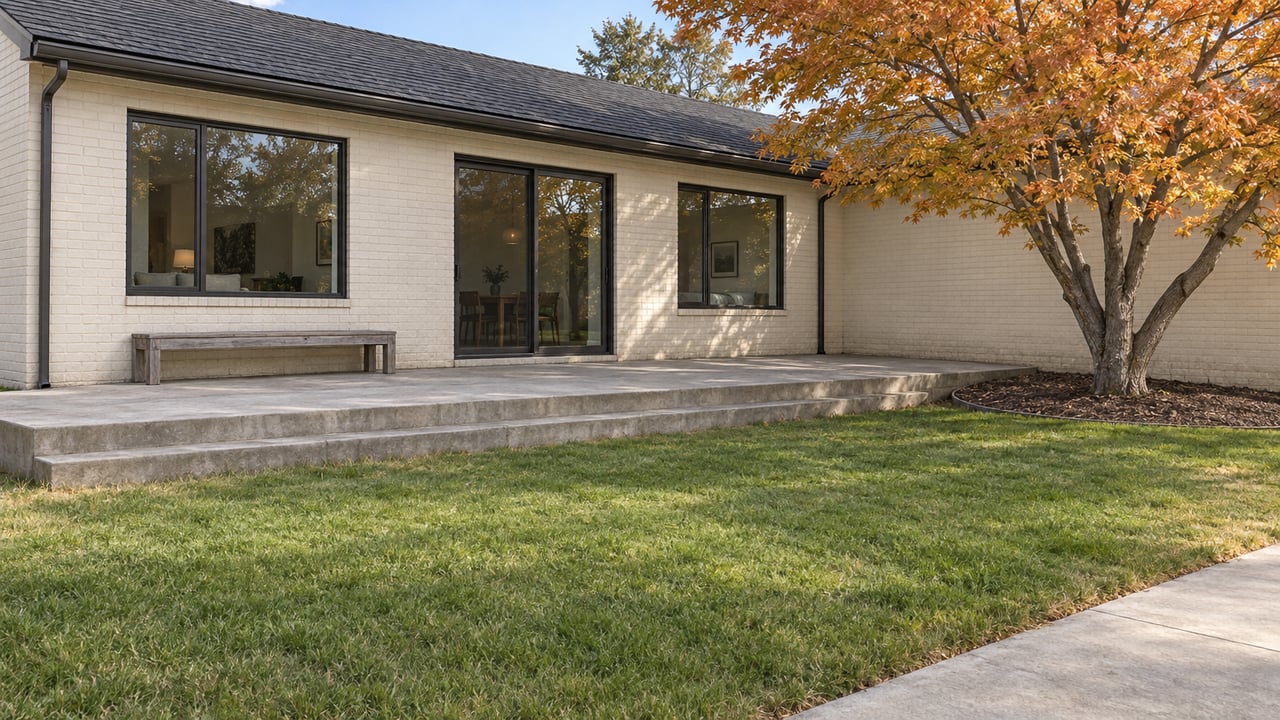 An updated ivory brick home with dark window frames, a concrete terrace and a broad autumn lawn beneath a spreading maple.