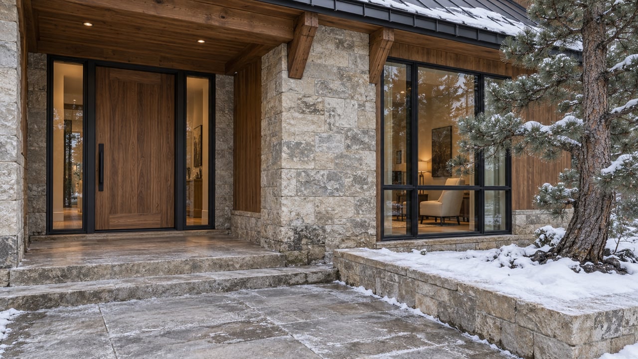 Snow-edged limestone approach leading to a recessed walnut entry beside tall glass windows and a sculptural pine.