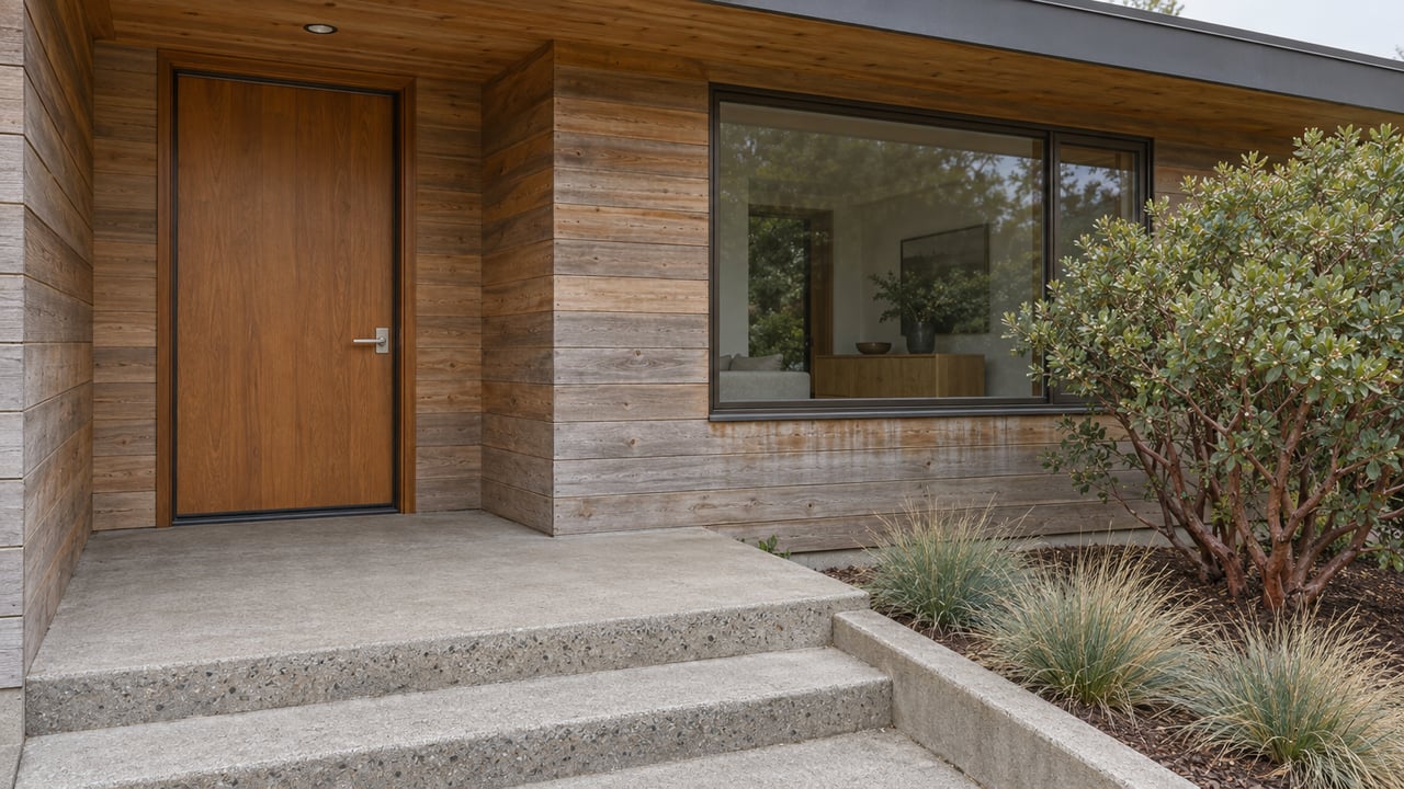 Covered wood-clad home entry with a closed door, broad window, concrete steps and a manzanita planting bed.