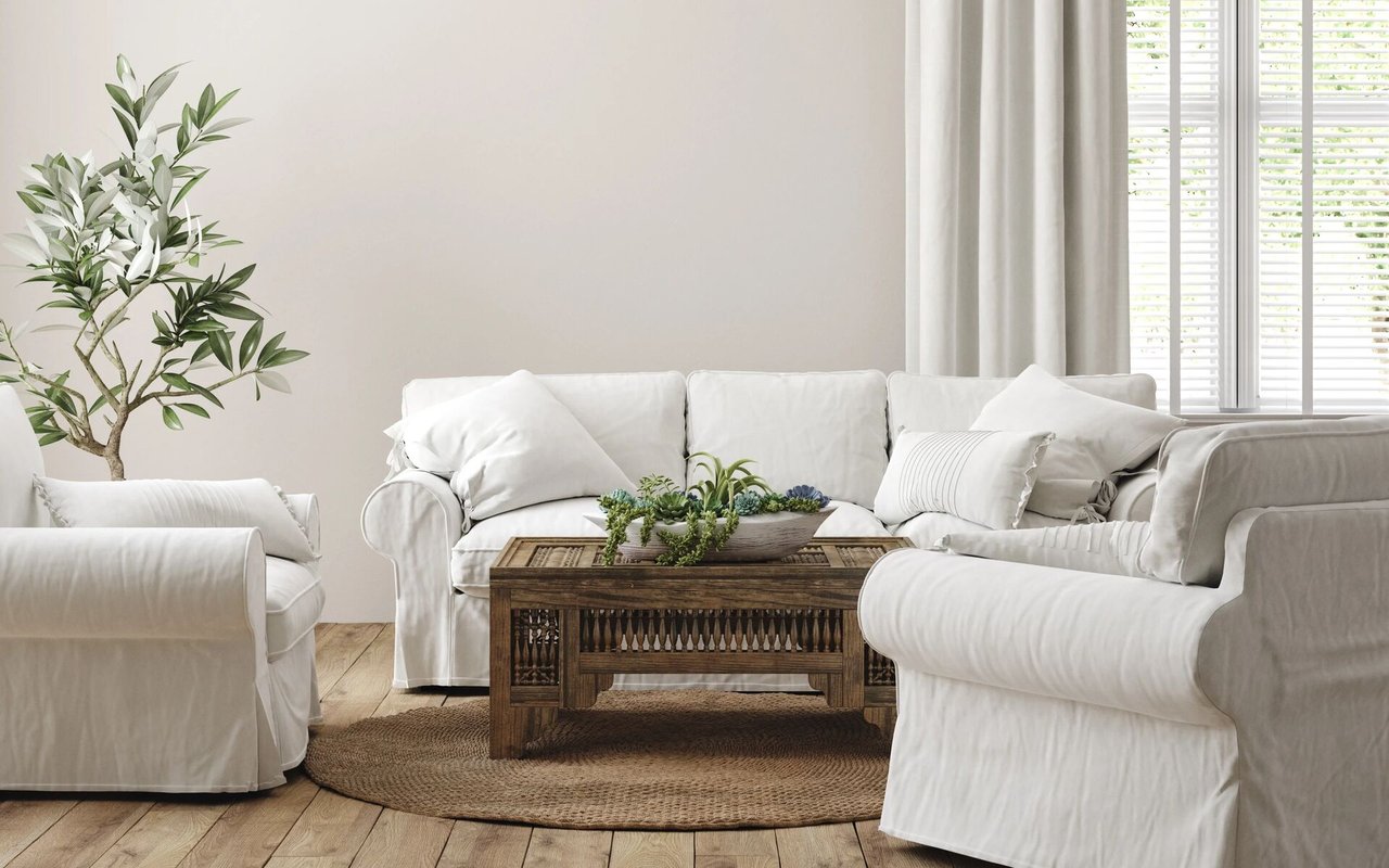 Bright living room with white sofas, a dark wooden coffee table, woven rug, and leafy indoor tree.