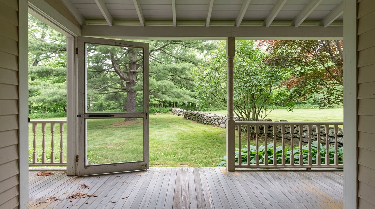 Weathered cottage porch overlooking a mowed lawn, fieldstone wall, and mature pine and maple trees.