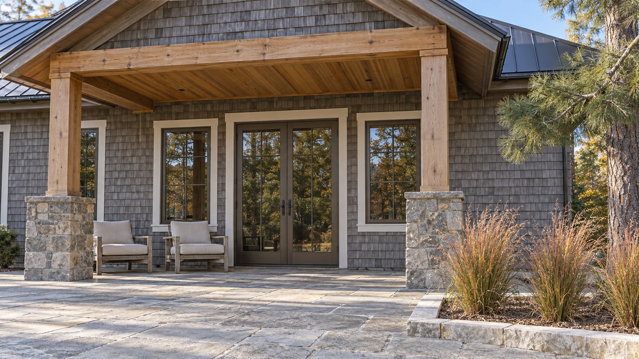 Cedar-shingle cottage with a timber porch, bronze-framed glass doors and a limestone terrace beside copper-colored little bluestem.