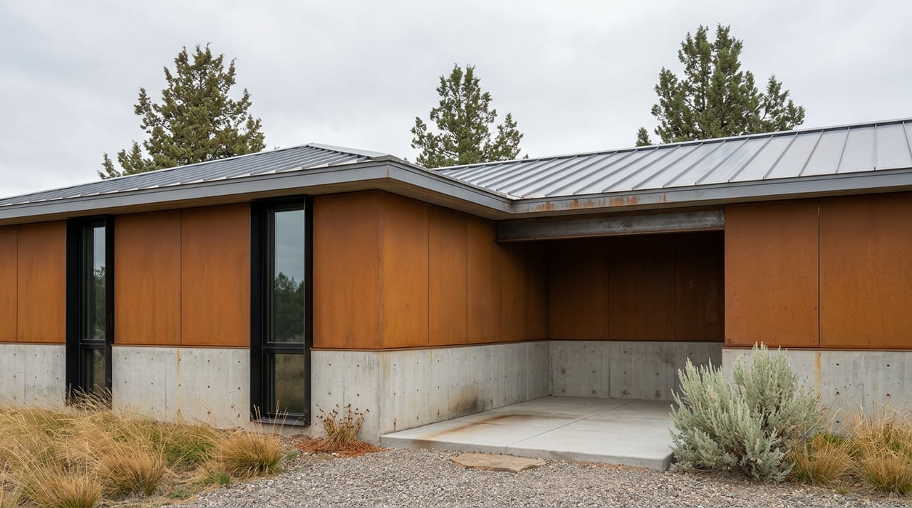Custom home with concrete and rust-colored steel walls, tall windows, gravel approach, and junipers.