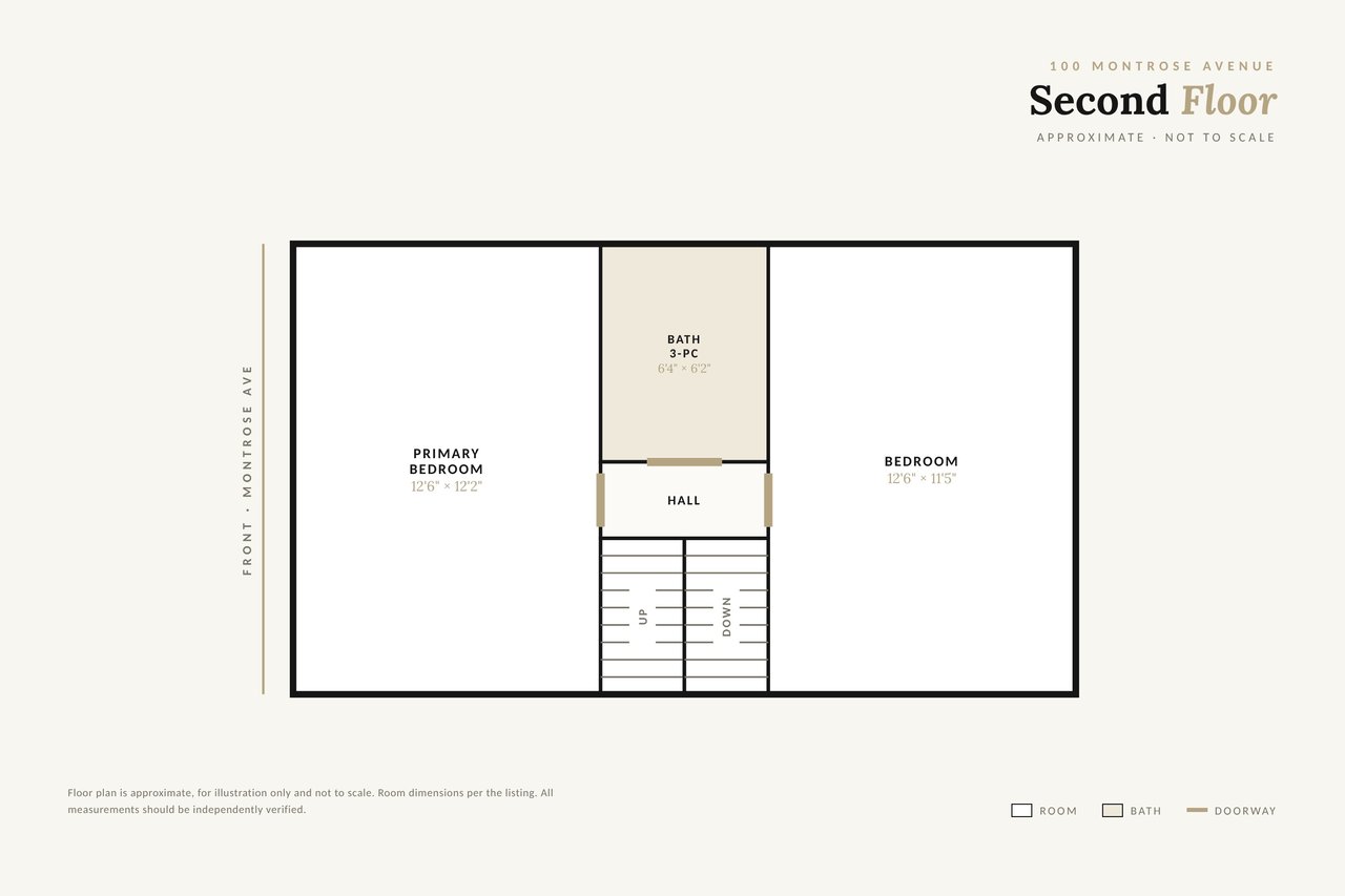 Second-floor plan with two bedrooms, a three-piece bath, hall, and central staircase.