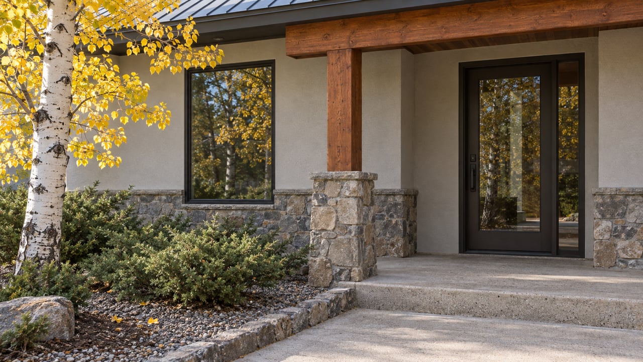 Covered home entry with stone cladding, reddish-brown timber, dark-framed glass and yellow aspen leaves beside a gravel bed.