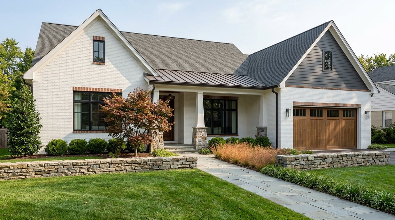 White-brick home with dark-sided gable, stone-column entry, diagonal bluestone path, and Japanese maple.