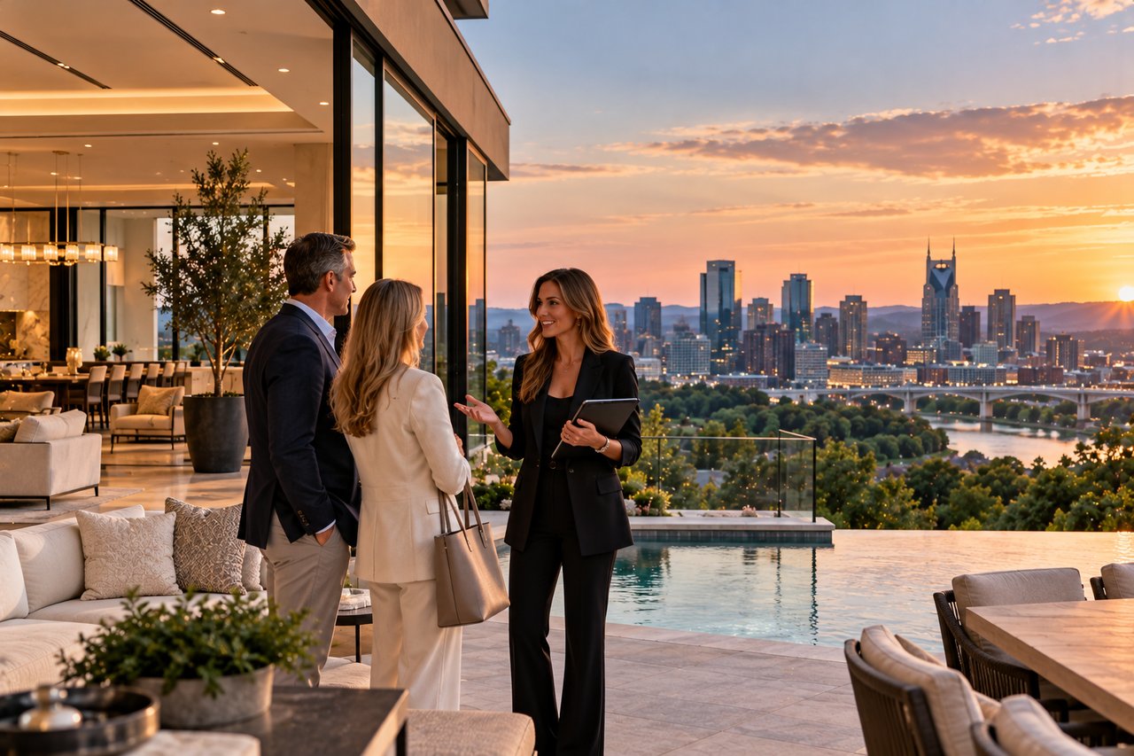 Luxury real estate agent presenting an upscale Nashville home to buyers, showcasing personalized service, exclusive properties, and strategic marketing in the Compass luxury real estate experience.