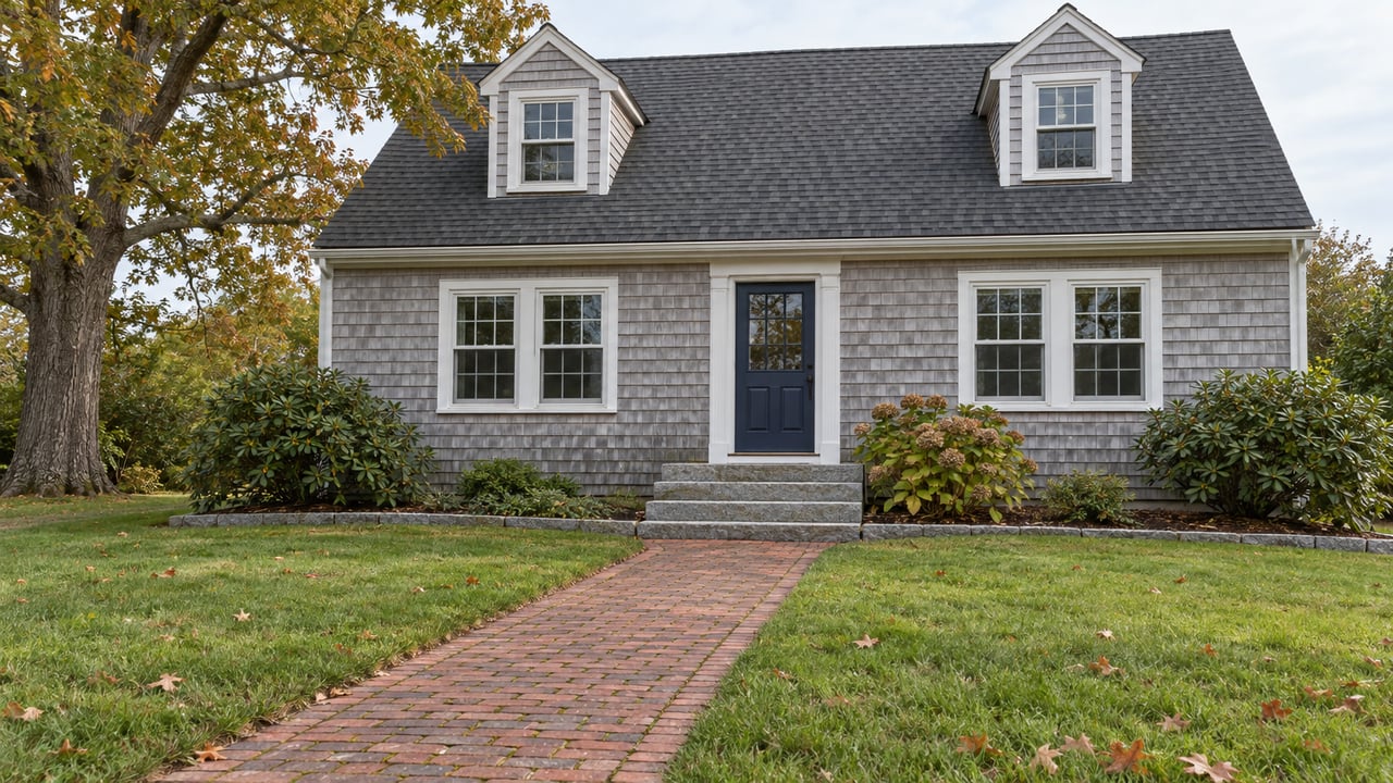 Gray cedar-shingled home with white dormers, a navy front door, granite steps and a brick path crossing an autumn lawn.