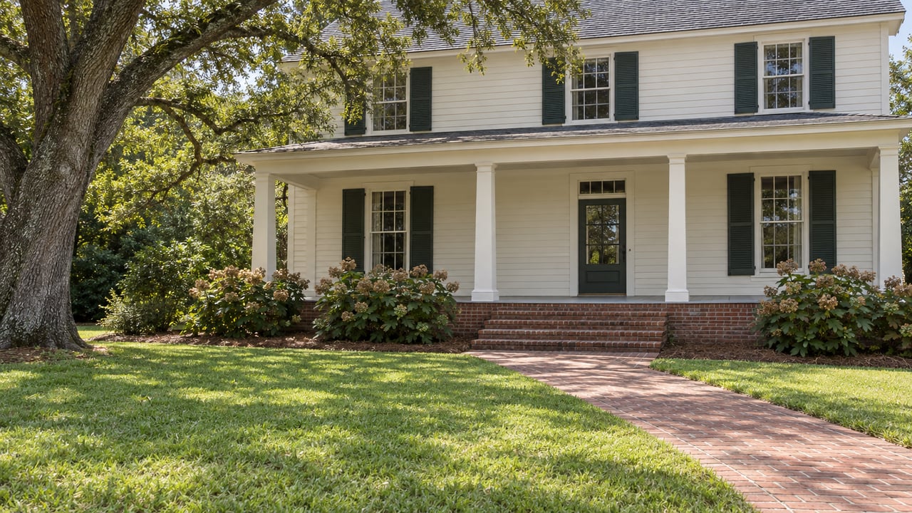 Ivory clapboard home with a deep front lawn, brick approach, shaded veranda and a spreading live oak.