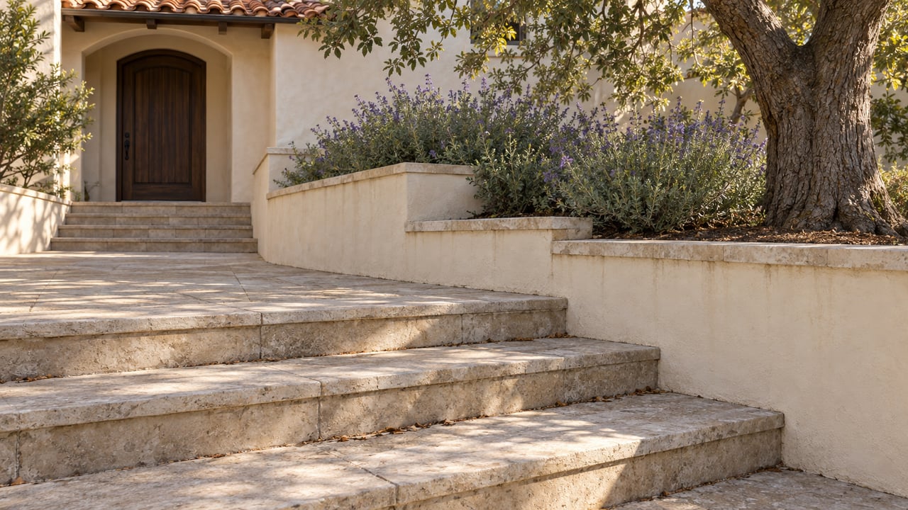 Limestone steps rise beside a stucco wall toward an arched oak doorway under terracotta tiles.