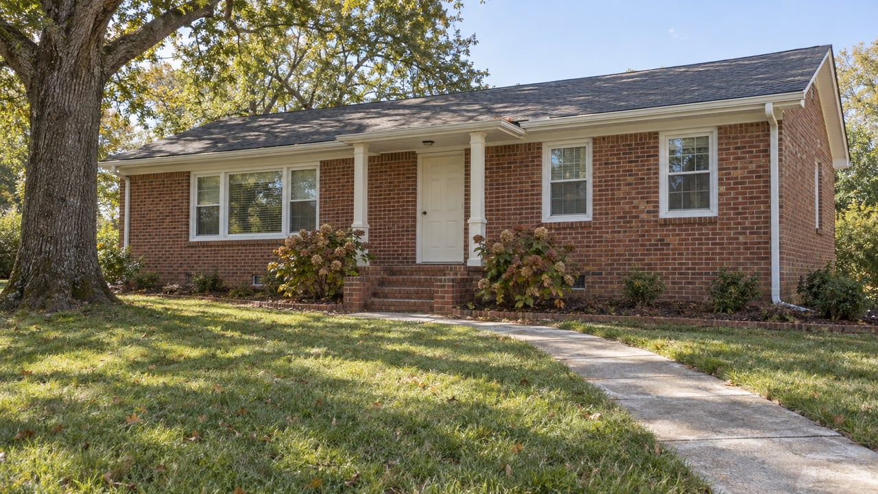 A modest brick ranch with white-trimmed windows, a covered entrance and a deep autumn lawn beneath a mature oak.