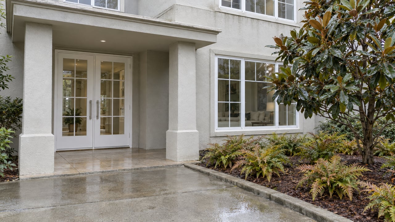 Pale stucco condominium entrance with paired glazed doors, white window frames and a magnolia beside a damp concrete approach.