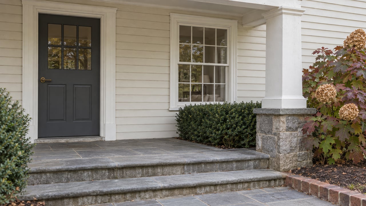Cream clapboard home entry with a charcoal glazed door, white sash window, worn bluestone steps and autumn oakleaf hydrangea.
