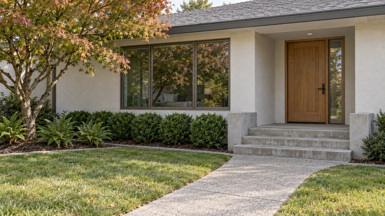 Renovated stucco home with an oak entrance door, concrete garden approach, and a mature Japanese maple.