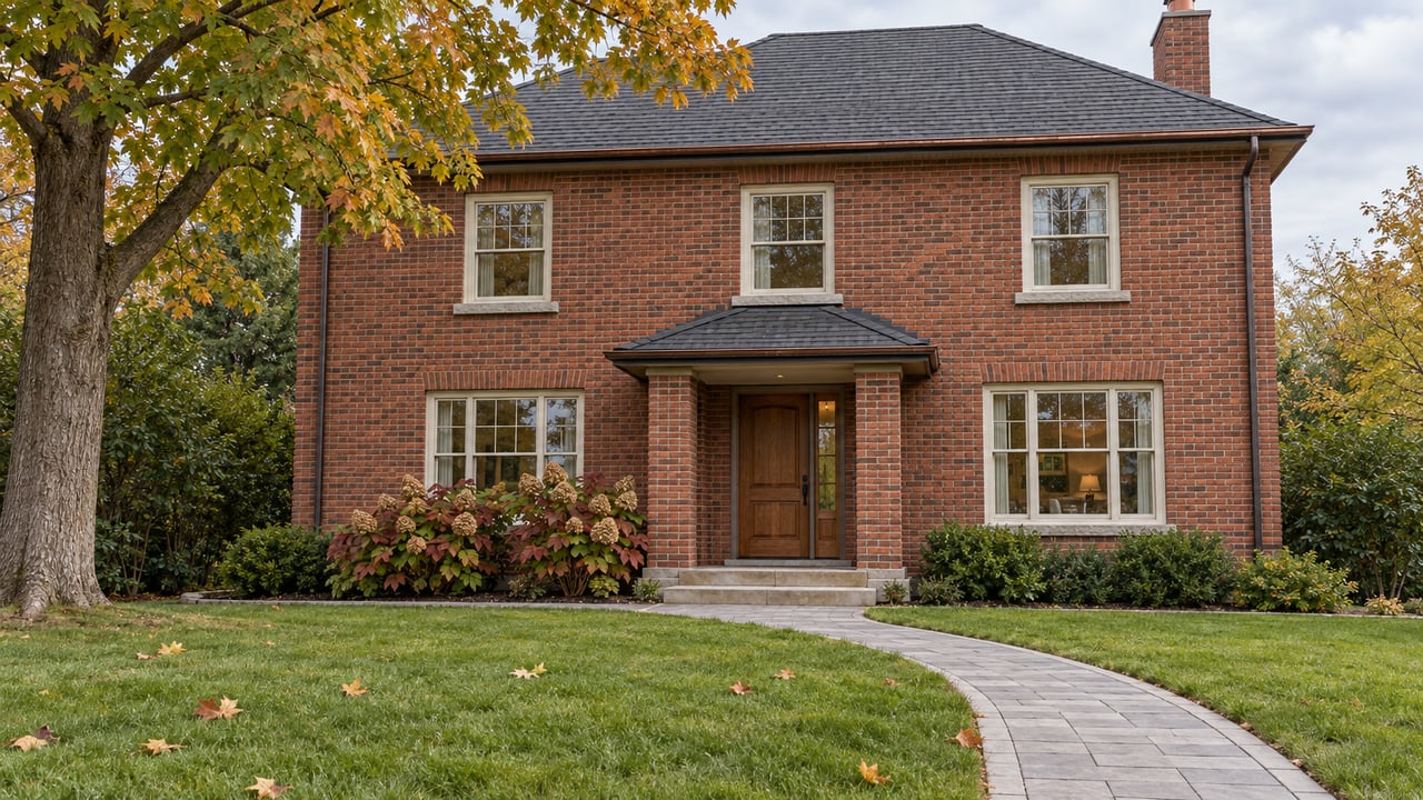Red-brick detached house with ivory-framed windows, a limestone entry and a deep autumn lawn beneath an amber-leaved maple.